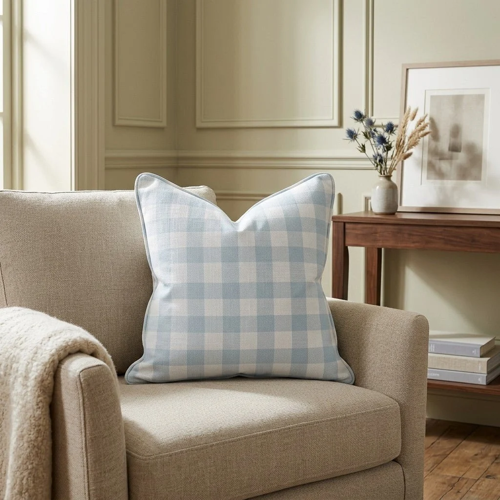 Pearl's Haven Spring Blue Gingham Throw Pillow - Image 2