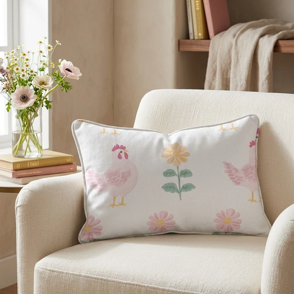 Rosy Roosters Throw Pillow - Image 3