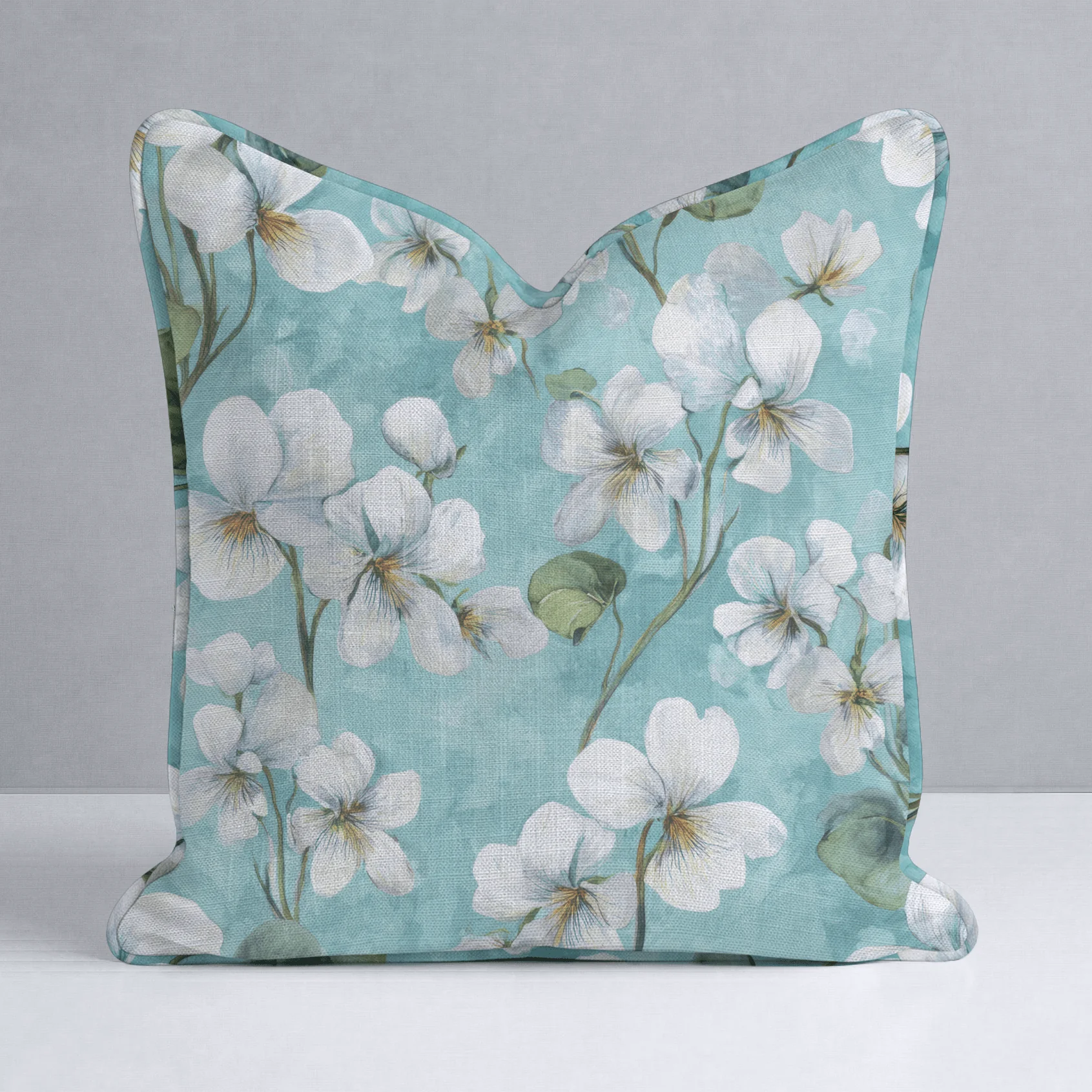 White Violets Blue Throw Pillow